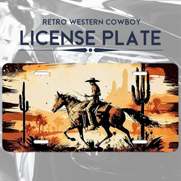 Retro Western Cowboy License Plate Cover Riding Pattern Car Front License Plate - Picture 1 of 7